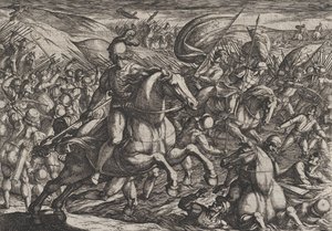 Plaat 30: Cerialis drijft de Nederlanders de Rijn in, uit De oorlog van de Romeinen tegen de..., 1611 door Antonio Tempesta