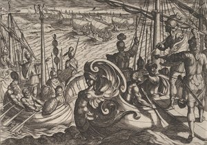 Plaat 33: Nederlandse en Romeinse vloten op de Rijn, uit De oorlog van de Romeinen tegen de Bataven door Antonio Tempesta