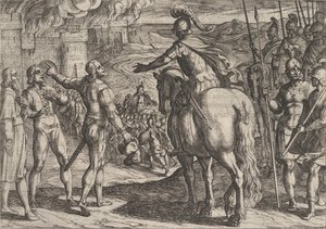 De Romeinen verbranden het Nederlandse platteland, uit De oorlog van de Romeinen tegen de..., 1611 door Antonio Tempesta