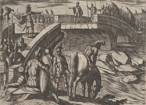 Plate 36: Civilis en Cerialis ontmoeten elkaar op een gebroken brug om een akkoord te bereiken, uit De Oorlog van...