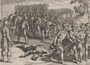 Plaat 3: Claudius Civilis gearresteerd en zijn broer Paulus onthoofd, uit De Oorlog van de Ro..., 1611