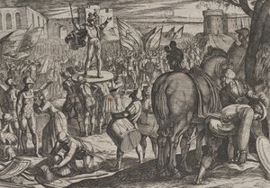 Plaat 5: Bruno benoemd tot leider van de Caninefaten, uit De oorlog van de Romeinen tegen de..., 1611 door Antonio Tempesta