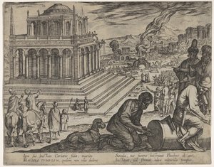 Plaat 5: Graf van Mausolus, steenhouwers maken rechts een zuil, uit De Zeven Wonderen