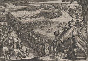 Plaat 6: Romeinen verslagen bij de Rijn, uit De oorlog van de Romeinen tegen de Bataven