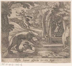 Thisbe vlucht voor de leeuwin bij de bron door Antonio Tempesta