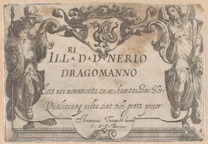 Titelprent met cartouche met opdracht, geflankeerd door Minerva en Faam door Antonio Tempesta