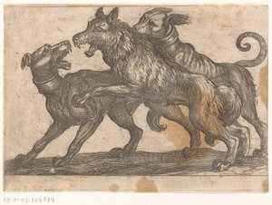 Twee honden in gevecht met een wolf door Antonio Tempesta