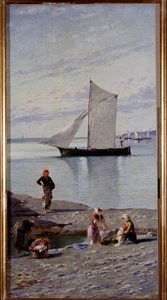 Wasvrouwen aan de oevers van de Bisagno-rivier nabij Genua, Italië door Antonio Varni