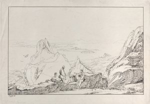 Bergachtig landschap met twee mannen op de voorgrond, 1828