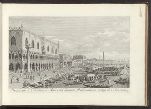 Hoek van het San Marcoplein met het Dogepaleis en de zuil met de Leeuw van Venetië door Antonio Visentini