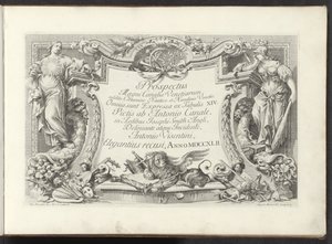 Titelprent met cartouche met Wijsheid en Kracht door Antonio Visentini