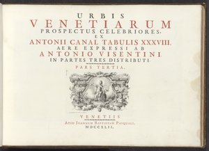 Titelprent met een naakte vrouwenfiguur met schild, helm en boek door Antonio Visentini