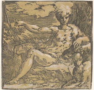 Sint Johannes de Doper in de woestijn, een lam aan zijn zijde, ca. 1527-30 door Antonio da Trento