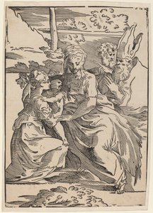 De Heilige Familie met twee heiligen door Antonio da Trento