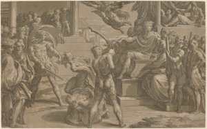 Het Martelaarschap van Sint Petrus en Paulus [recto] door Antonio da Trento after Parmigianino