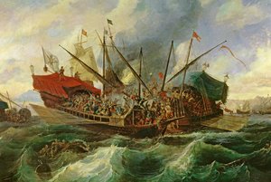 De zeeslag bij Lepanto tussen de Heilige Liga en de Turken in 1571 (detail)