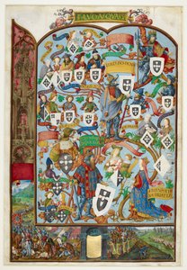 Stamboom van de koningen van Portugal die de afstamming van Sancho Capello en Alfonso III toont. Onderste marge: de slag bij Salado in 1340