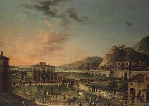 Een capriccio panorama van de reis van Karel III Koning van de Twee Siciliën, van zijn villa in Portici naar het Palazzo Farnese in Rome door Antonio de dipi (attr. to) Joli