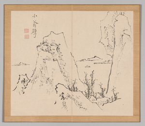 Dubbel album van landschapsstudies naar Ikeno Taiga, Volume 1 blad 8, 18e eeuw door Aoki Shukuya