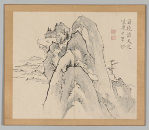 Dubbel album van landschapsstudies na Ikeno Taiga, Volume 2 blad 33 door Aoki Shukuya