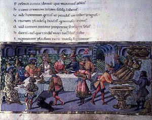 Ms 492 f.75 Banketscène, uit de Aeneis