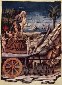 De triomf van de Tijd, de wagen van de Tijd getrokken door herten, miniatuur door Apollonio di Giovanni (1415 of 1417-ca 1465) uit Triomfen, allegorisch gedicht door Francesco Petrarca (1304-1374), manuscript 1129, folio 42, verso, Italië door Apollonio di Giovanni di Tommaso