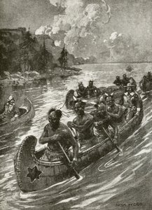 Samuel De Champlain in 1608 die de St. Lawrence rivier opgaat in de kano