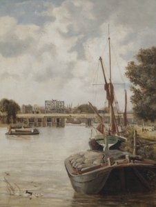 De huidige Hammersmith Brug in aanbouw met de tijdelijke brug, 1886