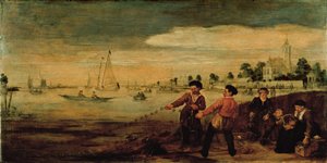 Vissers aan de oever van de Amstel bij de Pauwentuin, Amsterdam door Arent Arentsz