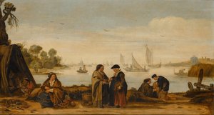 Rivierlandschap met handlezende vrouwen door Arent Arentsz