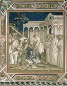 De zware steen (detail) uit het leven van St. Benedictus (ca. 480-ca. 550), in de sacristie, 1387