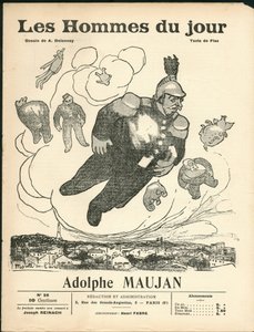 Omslag van "Les Hommes du jour", ca. 1905 - Illustratie door Aristide Delannoy (1874-1911): Ballonnen van ballonnen - Clemenceau George, Jaures Jean, Fallieres Armand (1841-1931), Maujan Adolphe (1853-1914) door Aristide Delannoy