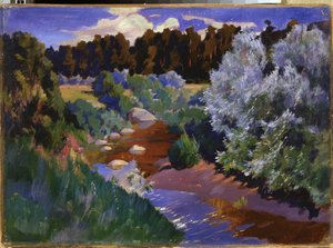 Landschap met een rivier door Arkadij Aleksandrovic Rylov