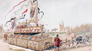 Een koninklijke praalboot getrokken door paarden naar een kanaal in de 16e eeuw