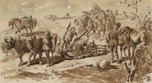 Ossengetrokken slee en pakpaarden in primitieve tijden door Armand Jean Heins