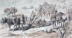 Ossen trekken een primitieve slee beladen met stenen