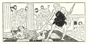 Odysseus sleept Irus uit de hal