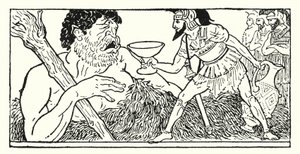Odysseus biedt een beker wijn aan de reus Polyphemus aan door Armand Joseph Bonamy