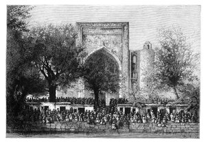 Een bijeenkomst voor de moskee in Bukhara, Oezbekistan, 1895
