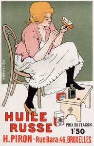 Levensstijl. Mode. Russische olie, schoenreparatie. Poster door Armand Rassenfosse, België, c.1895 door Armand Rassenfosse