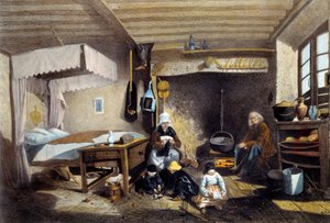 Boereninterieur nabij Royat in Auvergne. De moeder is aan het naaien, de vader zit bij de grote open haard terwijl de kinderen spelen. Lithografie door Armand Theophile Cassagne (1823-1907) 19e eeuw. Musee National des Arts et Traditions Populaire, Parijs
