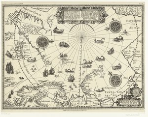 Kaart van de landen rond de poolcirkel met de drie reizen van de Nederlanders, 1598
