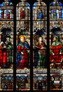 Sint Matthias (Mathias), Ezra (of Ezra), de profeet Habakuk (of Habaquq) en de Sibylle Tiburtine (of Albunea van Tibur) - Glas-in-lood van de Kapel van de Passie, van Arnaud de Moles (1470-1520) voltooid in 1513 - Kathedraal Sainte Marie d