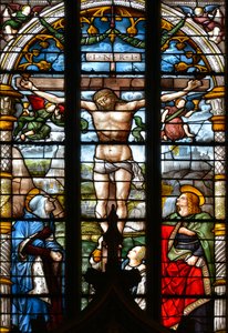 De Kruisiging, met de Maagd Maria, Sint Jan en Maria Magdalena aan de voet van het Kruis - Glas-in-lood in de kapel van het Heilig Sacrament, door Arnaud de Moles (1470-1520) voltooid in 1513 - Kathedraal Sainte Marie d