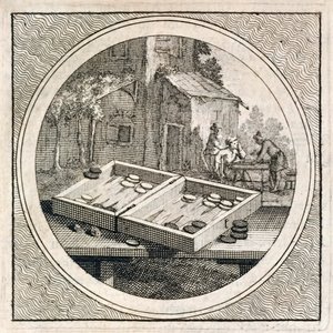 Backgammon set en spelers uit Stichtelyke Zinnebeelde door Arnold Houbraken