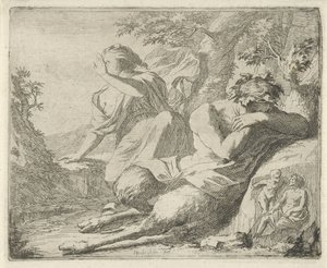 Sater en vrouwfiguur bedekken de ogen tegen zonlicht (Toneel van sinnebeelden geopent tot dienst van schilders beelthouders etc.) door Arnold Houbraken