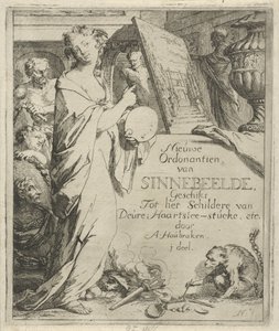 Vrouwfiguur met palet wijzend op een schilderij door Arnold Houbraken