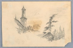 Schets van kerktoren en dak