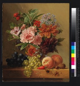 Pot met bloemen en fruit, voor 1844