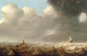 Vissersboten op ruwe zee door Arnoldus van Anthonissen